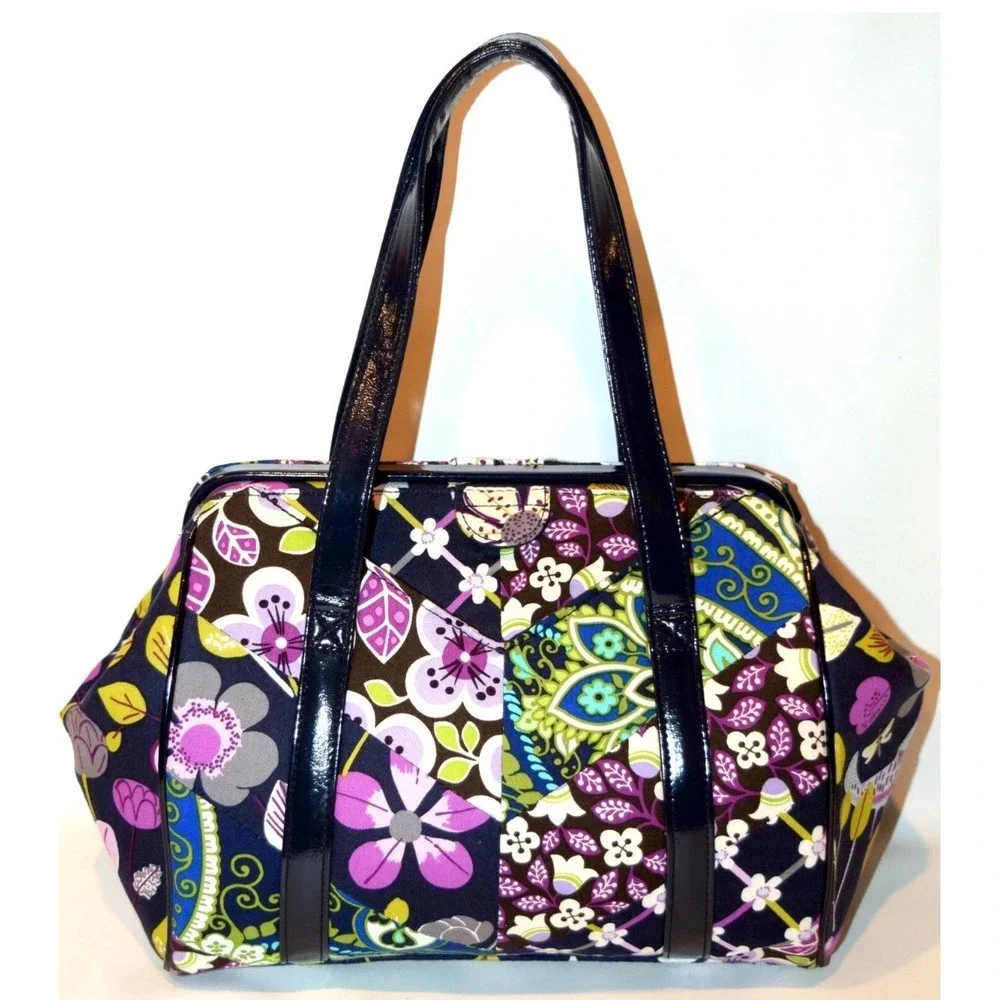 Vera Bradley Floral Nightingale Frame Satchel Hand Bag Patent Trim Vintage Style